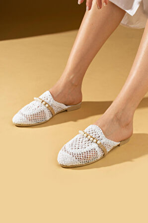 Pembe Potin Örgü Desen Dantelli İnci Taşlı Kadın Terlik 001-3-24