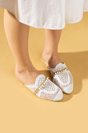 Pembe Potin Örgü Desen Dantelli İnci Taşlı Kadın Terlik 001-3-24