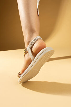 Pembe Potin Brikon Taş Biyeli Comfort Taban Arkası Lastikli Kadın Sandalet 57-289-24