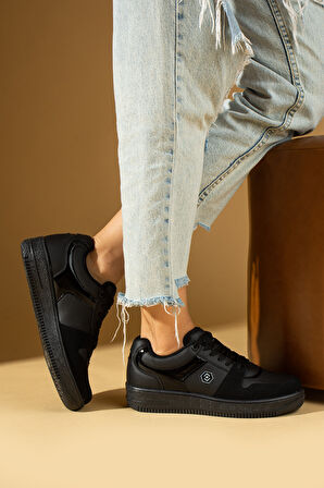 Pembe Potin Bağcıklı Ortopedik Kaymaz Kırılmaz Taban Konforlu Kadın Sneakers 001-2100-Ssiyah