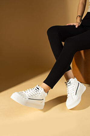 Pembe Potin Boğazlı Yüksek Taban Bağcıklı Rahat Kalıp Kadın Spor Ayakkabı 59-651-24BSiyh