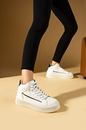 Pembe Potin Boğazlı Yüksek Taban Bağcıklı Rahat Kalıp Kadın Spor Ayakkabı 59-651-24BSiyh