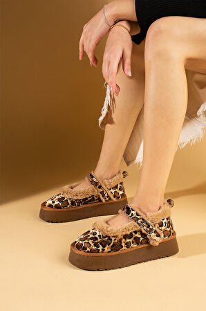 Pembe Potin Kalın Taban Tüy Detaylı Tokalı Kadın Babet 53-0130-24