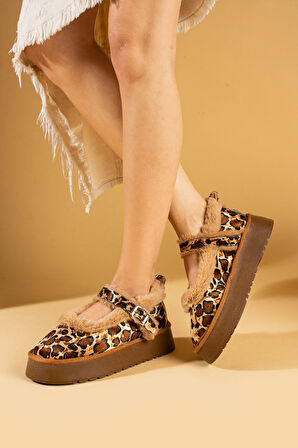 Pembe Potin Kalın Taban Tüy Detaylı Tokalı Kadın Babet 53-0130-24