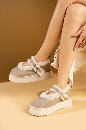 Pembe Potin Kalın Taban Tüy Detaylı Tokalı Kadın Babet 53-0130-24