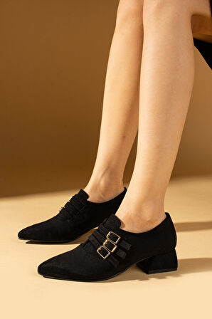 Pembe Potin Sivri Burunlu 3 Tokalı Topuklu Kadın Ayakkabı 53-500-24Süet