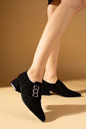 Pembe Potin Sivri Burunlu 3 Tokalı Topuklu Kadın Ayakkabı 53-500-24Süet