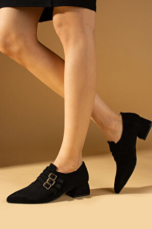 Pembe Potin Sivri Burunlu 3 Tokalı Topuklu Kadın Ayakkabı 53-500-24Süet