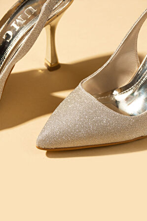 Pembe Potin Sivri Burun Arkası Açık Simli Tokalı İnce Topuklu Kadın Ayakkabı 71-613-25Sim