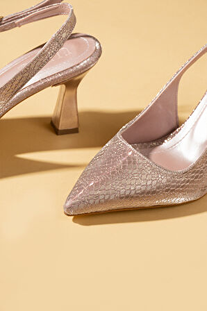 Pembe Potin Kroko Desenli Sivri Burun Arkası Açık Slingback Kadın Topuklu Ayakkabı 71-633-25Baskı