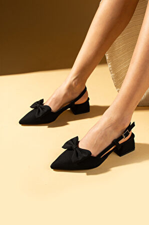 Pembe Potin Sivri Burun Fiyonk Detaylı Saten Kumaş Slingback Kadın Topuklu Ayakkabı 87-141-25Saten
