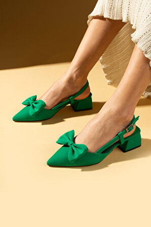 Pembe Potin Sivri Burun Fiyonk Detaylı Saten Kumaş Slingback Kadın Topuklu Ayakkabı 87-141-25Saten