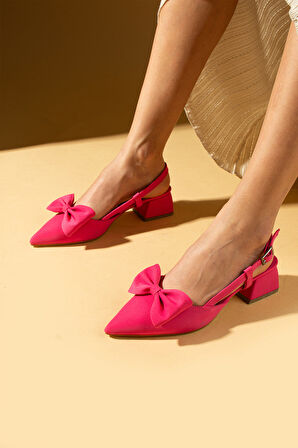 Pembe Potin Sivri Burun Fiyonk Detaylı Saten Kumaş Slingback Kadın Topuklu Ayakkabı 87-141-25Saten