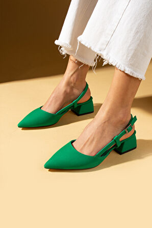 Pembe Potin Sivri Burun Saten Kumaş Slingback Kadın Topuklu Ayakkabı 87-151-25Saten