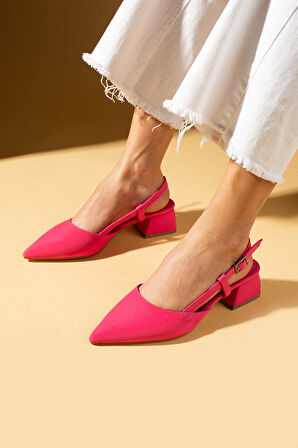 Pembe Potin Sivri Burun Saten Kumaş Slingback Kadın Topuklu Ayakkabı 87-151-25Saten