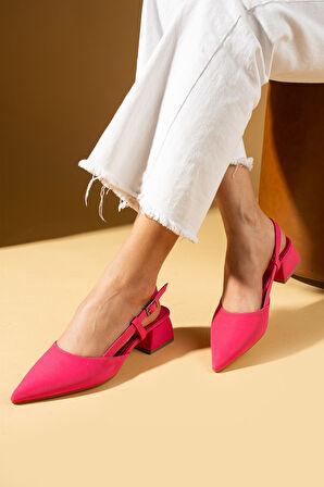 Pembe Potin Sivri Burun Saten Kumaş Slingback Kadın Topuklu Ayakkabı 87-151-25Saten
