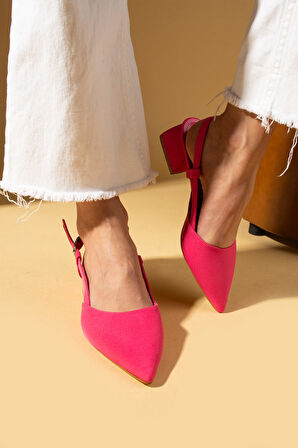 Pembe Potin Sivri Burun Saten Kumaş Slingback Kadın Topuklu Ayakkabı 87-151-25Saten