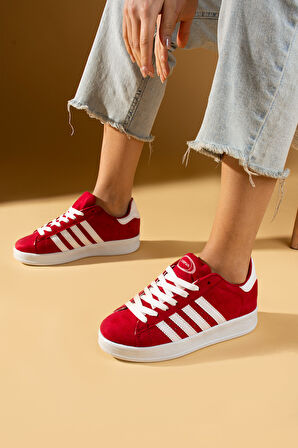 Pembe Potin Bağcıklı Rahat Kalıp Şerit Detaylı Comfort Kadın Sneaker 001-1015-24