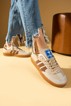 Pembe Potin Şerit Detaylı Kaymaz Taban Bağcıklı Kadın Sneakers 001-030-24Çt