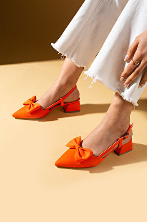 Pembe Potin Sivri Burun Fiyonk Detaylı Saten Kumaş Slingback Kadın Topuklu Ayakkabı 87-141-25Saten