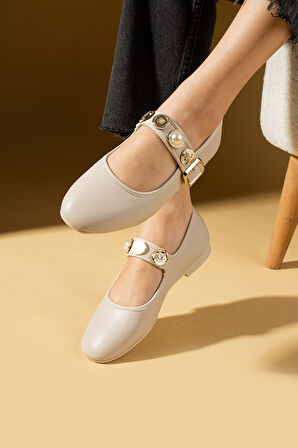 Pembe Potin İncili Tokalı Rahat Taban Kadın Babet 57-40-25