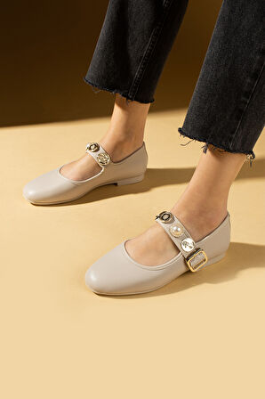 Pembe Potin İncili Tokalı Rahat Taban Kadın Babet 57-40-25