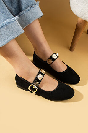 Pembe Potin İncili Tokalı Rahat Taban Kadın Babet 57-40-25Süet