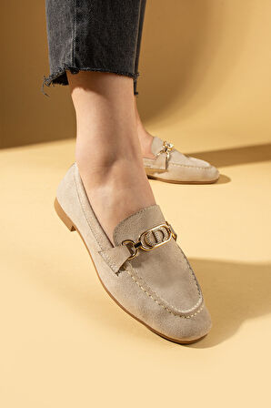 Pembe Potin Taşlı Metal Toka Detaylı Rahat Kalıp Kadın Babet 016-080-25Süet