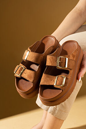 Pembe Potin Kalın Tabanlı Ayarlanabilir Çift Tokalı Kadın Terlik 024-024-25Süet