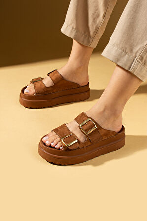 Pembe Potin Kalın Tabanlı Ayarlanabilir Çift Tokalı Kadın Terlik 024-024-25Süet