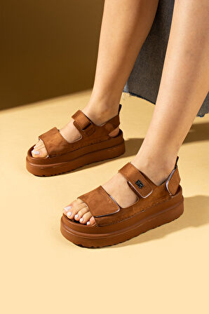 Pembe Potin Kalın Taban Ayarlanabilir Cırtlı Kadın Sandalet 024-025-25Süet