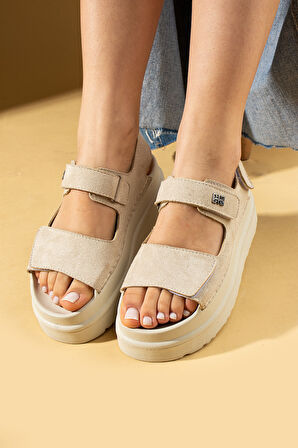 Pembe Potin Kalın Taban Ayarlanabilir Cırtlı Kadın Sandalet 024-025-25Süet