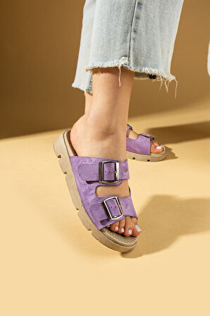 Pembe Potin Çift Ayarlanabilir Tokalı Önü Açık Kadın Terlik 020-729-25Süet