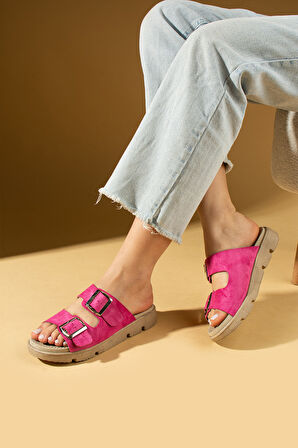 Pembe Potin Çift Ayarlanabilir Tokalı Önü Açık Kadın Terlik 020-729-25Süet