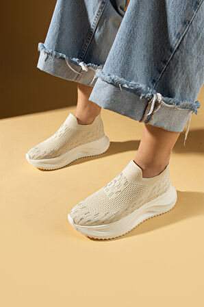 Pembe Potin Taş Detaylı Triko Kalın Taban Kadın Sneaker 59-88-25