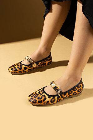 Pembe Potin İnci Detaylı Tek Bantlı Rahat Taban Kadın Babet 81-160-25LeoparBaskı