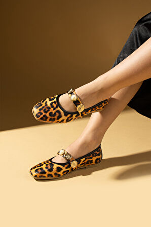 Pembe Potin İnci Detaylı Tek Bantlı Rahat Taban Kadın Babet 81-160-25LeoparBaskı