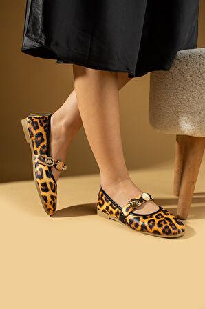 Pembe Potin İnci Detaylı Tek Bantlı Rahat Taban Kadın Babet 81-160-25LeoparBaskı