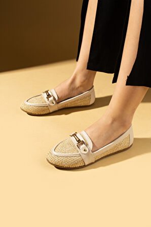 Pembe Potin Hasır Görünümlü Tokalı Rahat Taban Kadın Babet 016-0900-25Hasır