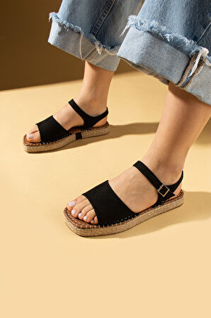 Pembe Potin Kalın Bantlı Hasır Taban Tokalı Kadın Sandalet 016-022-25Süet