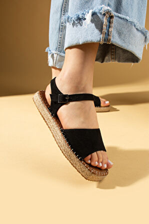 Pembe Potin Kalın Bantlı Hasır Taban Tokalı Kadın Sandalet 016-022-25Süet