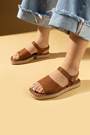 Pembe Potin Kalın Bantlı Hasır Taban Tokalı Kadın Sandalet 016-022-25Süet