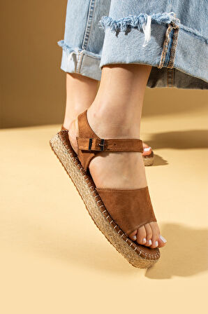 Pembe Potin Kalın Bantlı Hasır Taban Tokalı Kadın Sandalet 016-022-25Süet