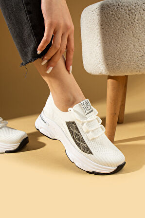 Pembe Potin Taş Detaylı Bağcıklı Triko Rahat Taban Kadın Sneakers 36-871-25