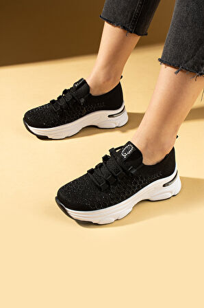 Pembe Potin Parlak Taş Detaylı Bağcıklı Triko Rahat Taban Kadın Sneakers 36-872-25