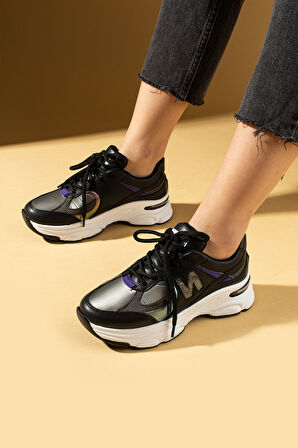Pembe Potin Taş Detaylı Rahat Taban Bağcıklı Kadın Sneaker 36-874-25