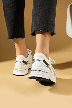 Pembe Potin Taş Detaylı Rahat Taban Bağcıklı Kadın Sneaker 36-874-25