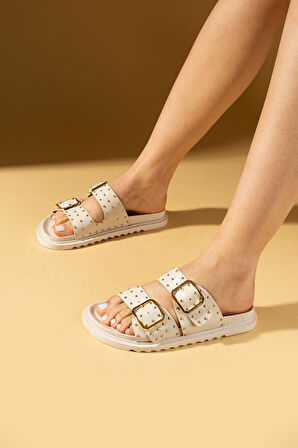 Pembe Potin Kare Tokalı Gold Zımbalı Rahat Taban Kadın Terlik 024-0800-25Cilt