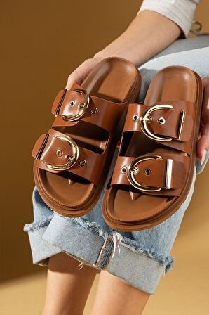 Pembe Potin Geniş Çift Gold Tokalı Rahat Kalıp Kadın Terlik 024-1001-25Cilt