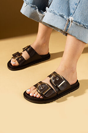 Pembe Potin Geniş Çift Gold Tokalı Rahat Kalıp Kadın Terlik 024-1001-25Cilt